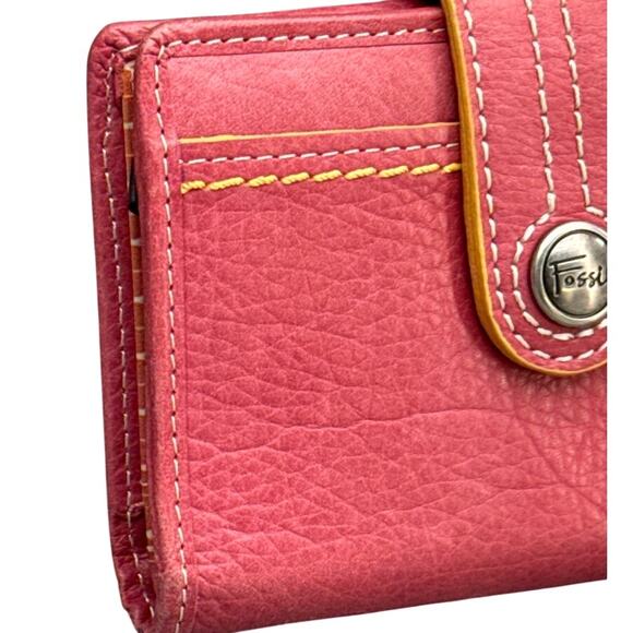 Fossil Pink Pebbled Leather Orange Trim Stitching Snap Closure Wallet - Picture 3 of 7